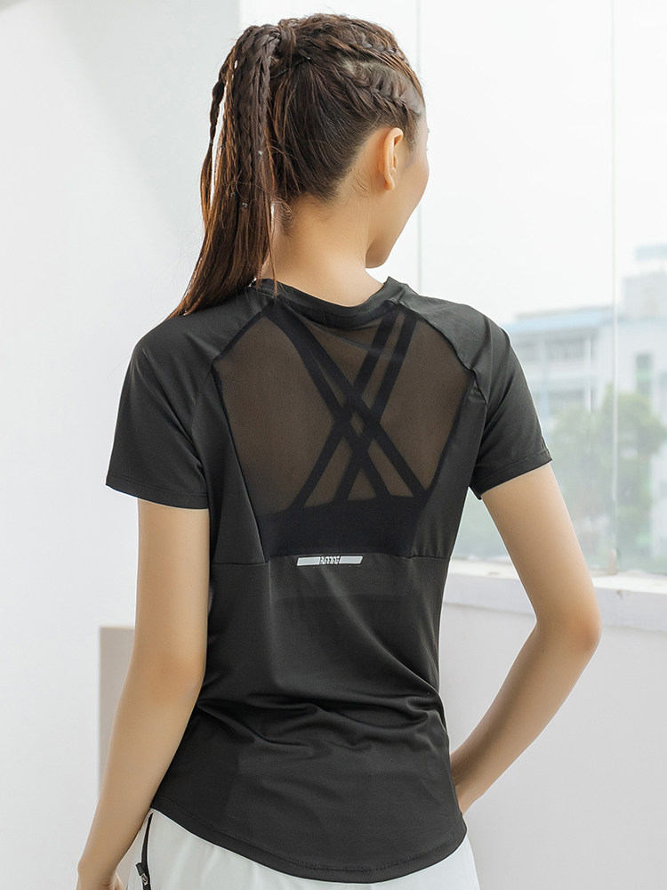 Crossfit Yoga - Sommer-Sport Kurzarm-Damen-Oberteil aus Mesh, Schnelltrocknend, Atmungsaktiv,