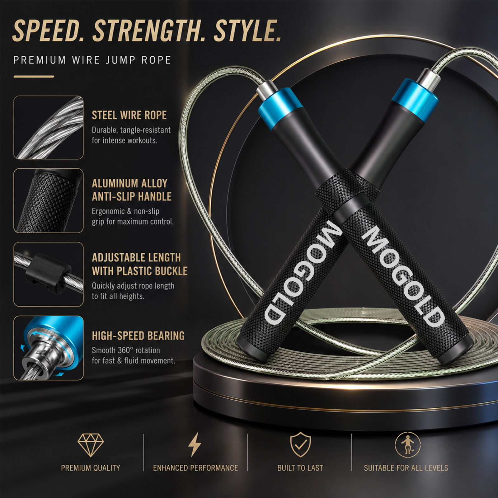 Jump Rope Speed Bearing - MOGOLD Professionelles Speed-Springseil mit Metallgriffen, Hochgeschwindigkeitslagern